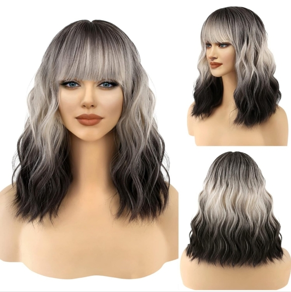 Short Black Ombre White Blonde Wig Short Wave Bob 12 inch - Picture 1 of 7